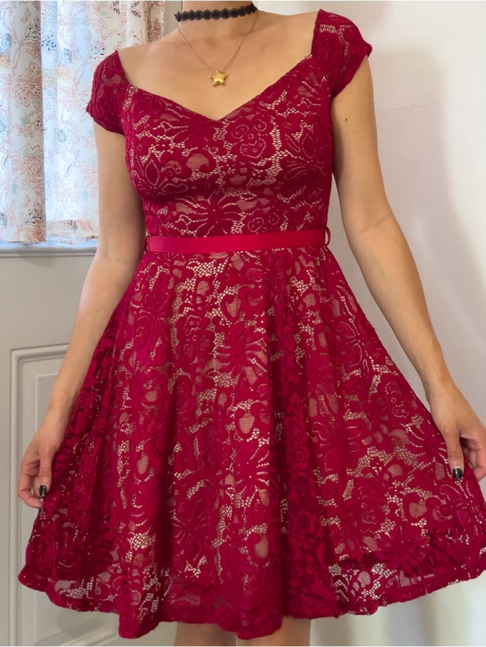 Lace Mini Dress in Wine Red Off the Shoulders